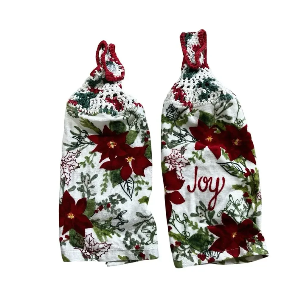 Set of 2 Christmas Poinsettia Holly Floral Cotton Kitchen Tea Towels Crocheted